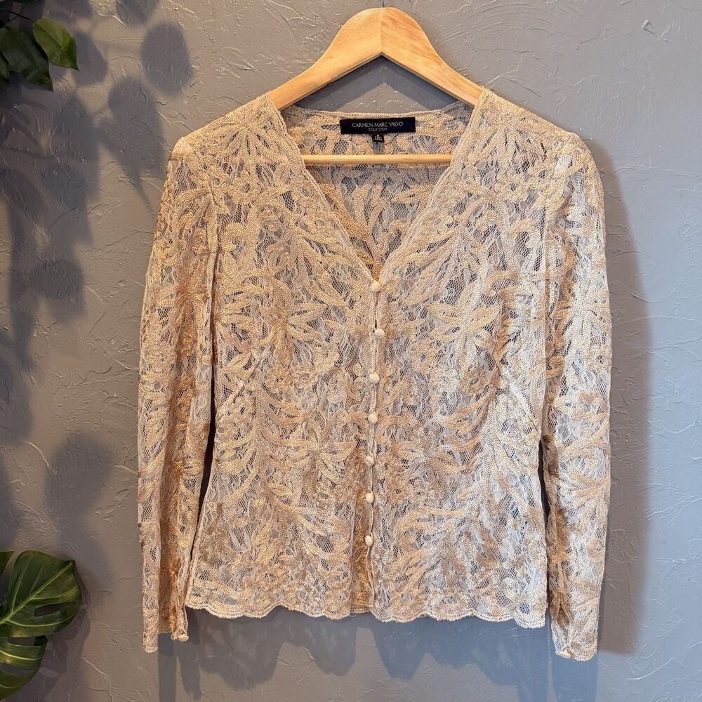 Vintage Y2K Carmen Marc Valvo Lace Cardigan Camisole Twin Set 8 Gold Top 2pc - Picture 2 of 9